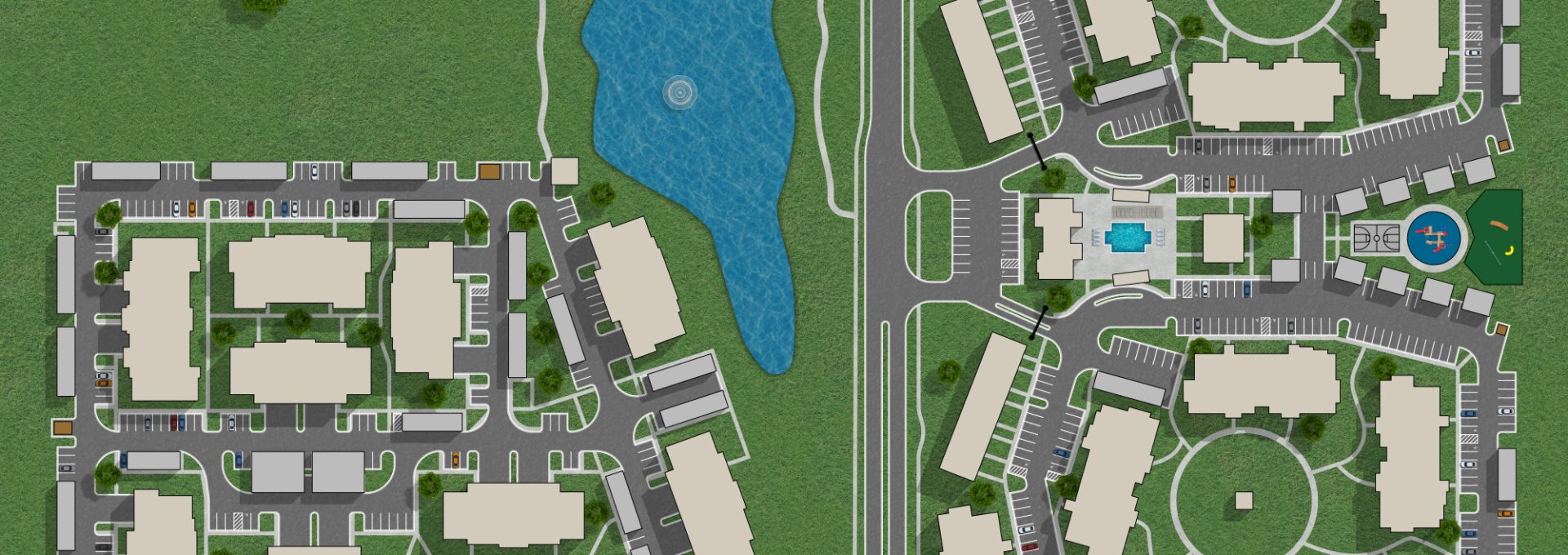 a plan of the residential area with a pool and a lake at The Anatole on MacArthur North